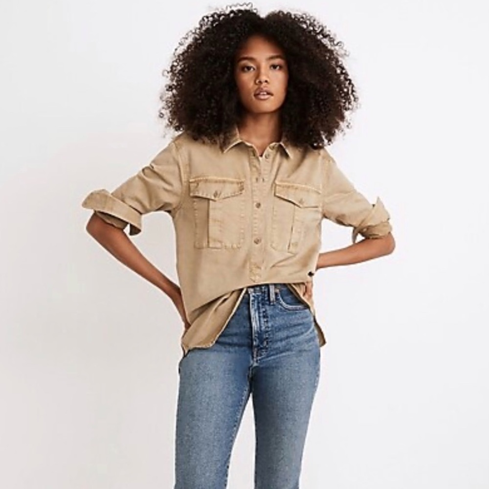 MADEWELL WOMEN’S MILITARY POPOVER TAN KHAKI RELAXED OVERSIZED UTILITY TU…